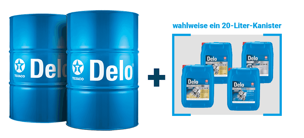 Zwei Delo Schmierstoff Tonnen neben vier Delo Kanistern