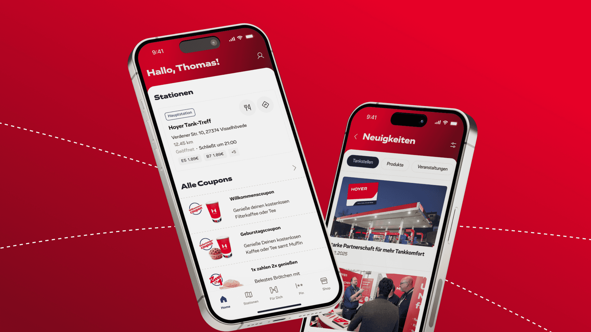 Zwei Smartphones mit Impressionen vom Dashboard der Hoyer App