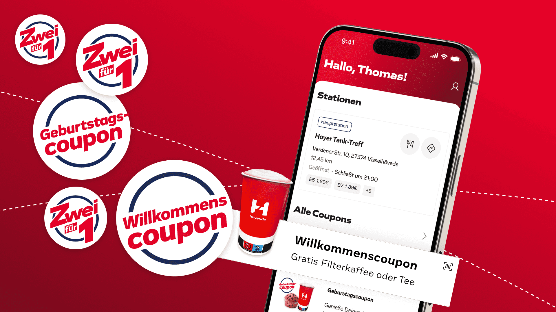 Smartphone mit Impression vom Für dich Bereich der Hoyer App