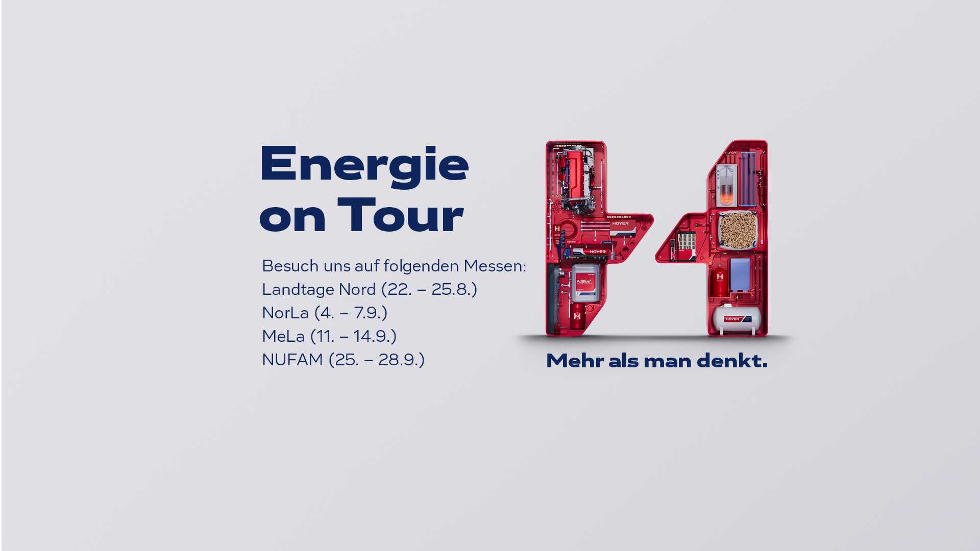 Auf dem Bild ist ein H und Text mit der Auflistung der Messen