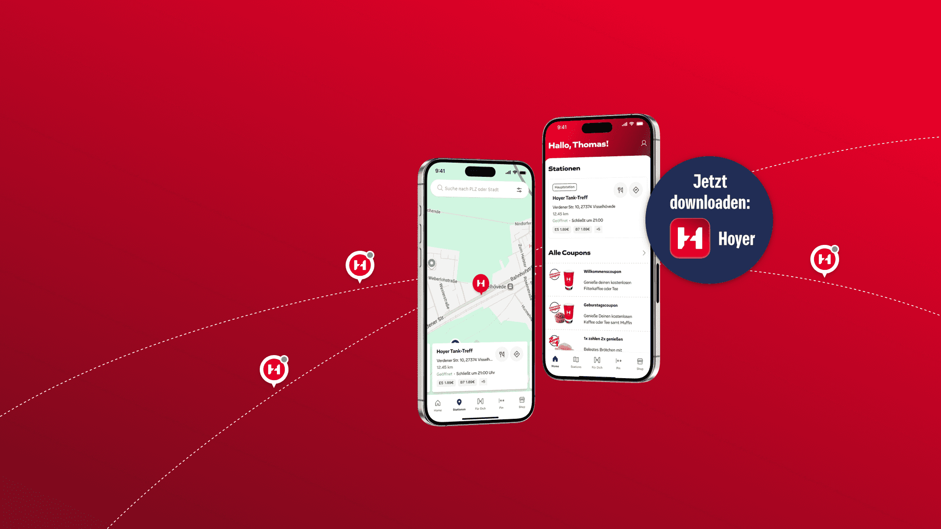 Zwei Smartphones mit Impressionen der Hoyer App auf den Screens