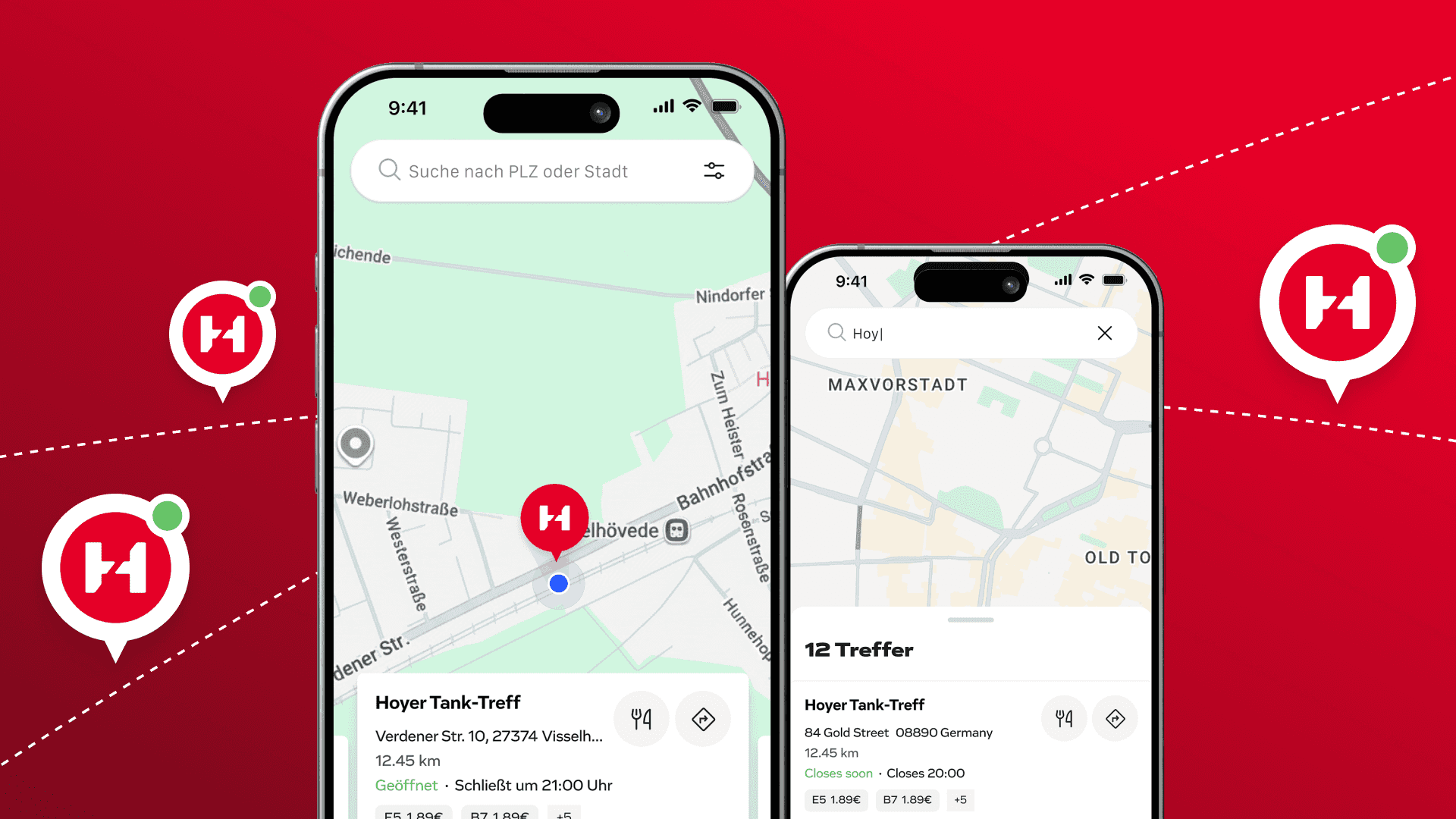 Zwei Smartphones mit Impressionen vom Tankstellenfinder der Hoyer App